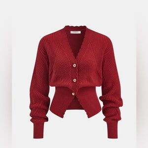 Commense scalloped edge ribbed v neck buttoned cardigan